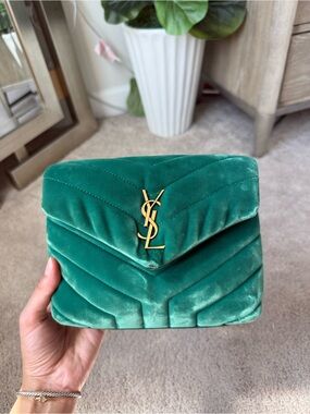 Saint Laurent Emerald Green Velvet Monogram Crossbody Bag